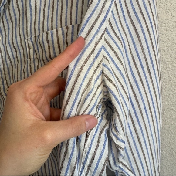 Uniqlo Shirt Men's Large Button Up 100% Linen Blue Long Sleeve Striped Boho - Picture 6 of 10